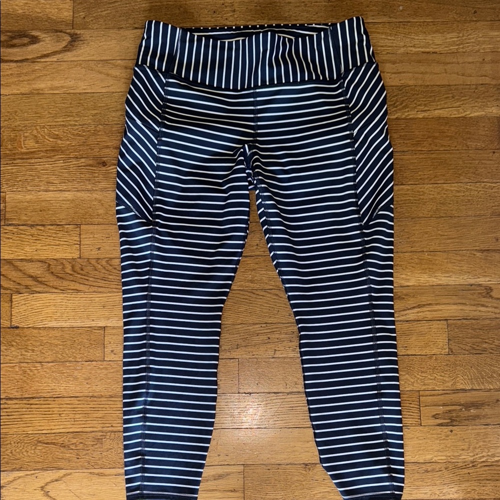 Athleta Blue and White Striped Leggings with Nautical Design